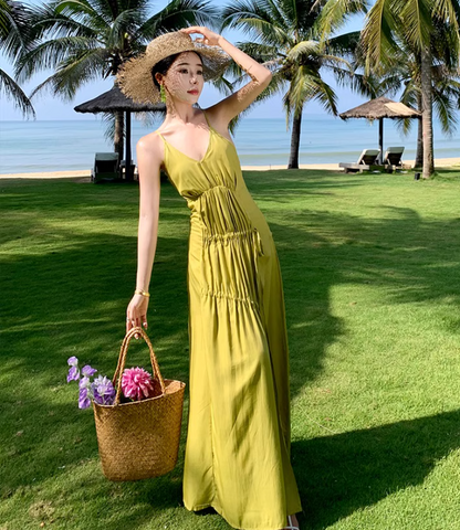 Vibrant High-Slit Light Green Maxi Dress Versatile Flowy Spaghetti Strap Ruched Tie-Back Long Dress AP1553