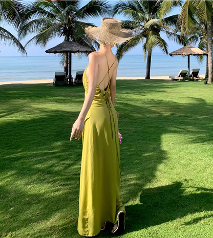 Vibrant High-Slit Light Green Maxi Dress Versatile Flowy Spaghetti Strap Ruched Tie-Back Long Dress AP1553