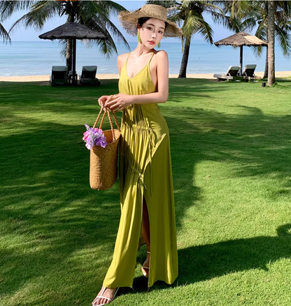 Vibrant High-Slit Light Green Maxi Dress Versatile Flowy Spaghetti Strap Ruched Tie-Back Long Dress AP1553