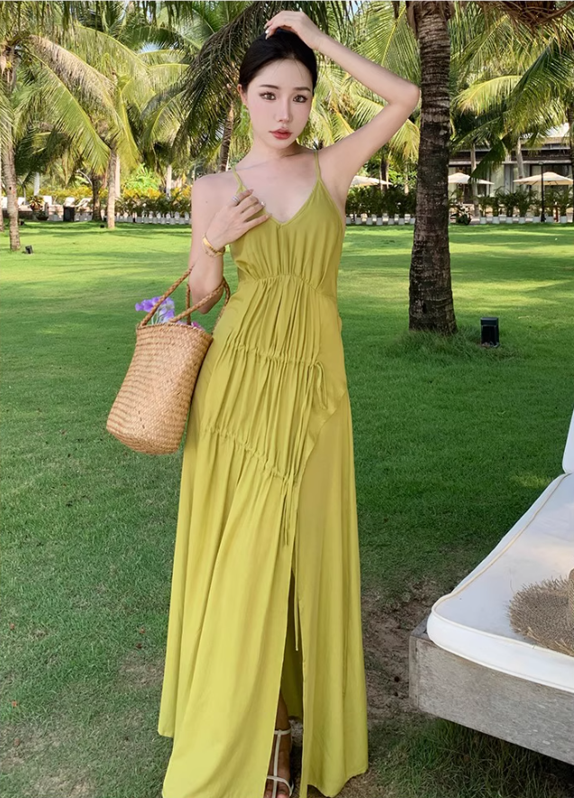 Vibrant High-Slit Light Green Maxi Dress Versatile Flowy Spaghetti Strap Ruched Tie-Back Long Dress AP1553