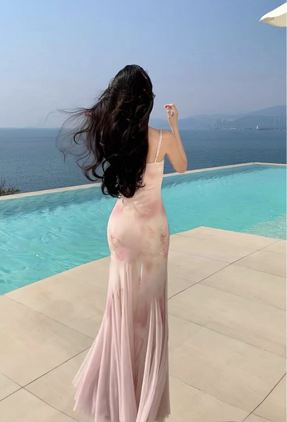 Graceful High-Slit Mermaid Floral Print Maxi Dress Chic Flowy Spaghetti Strap Sheer Lace Splicing Long Dress AP1554