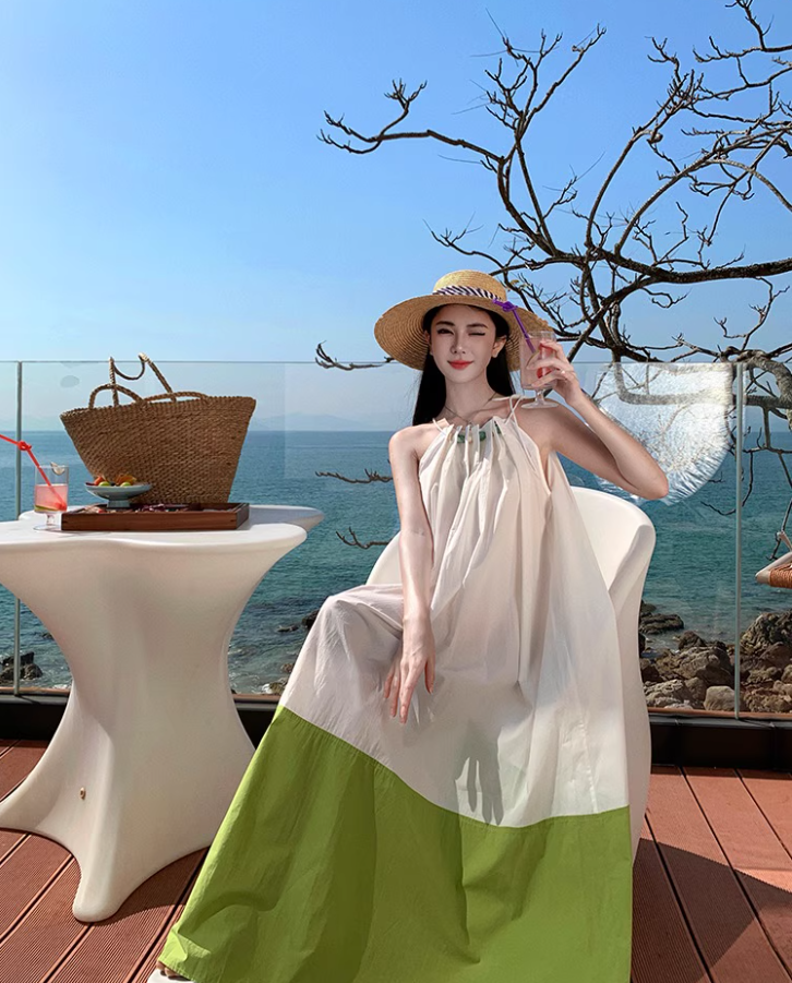 Fashionable White & Green Splicing Maxi Dress Vibrant Flowy Spaghetti Strap Loose Fitting Long Dress AP1555