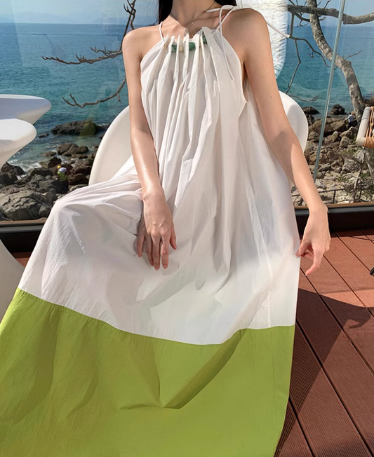 Fashionable White & Green Splicing Maxi Dress Vibrant Flowy Spaghetti Strap Loose Fitting Long Dress AP1555