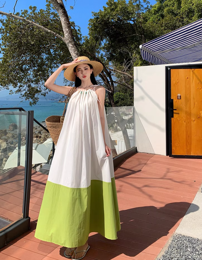 Fashionable White & Green Splicing Maxi Dress Vibrant Flowy Spaghetti Strap Loose Fitting Long Dress AP1555