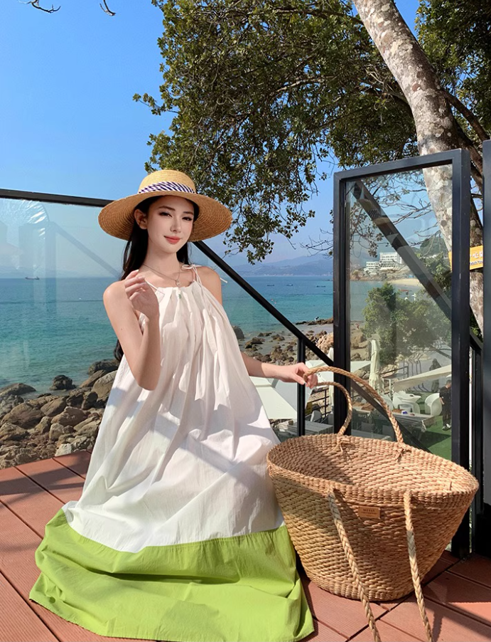 Fashionable White & Green Splicing Maxi Dress Vibrant Flowy Spaghetti Strap Loose Fitting Long Dress AP1555