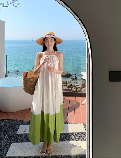 Fashionable White & Green Splicing Maxi Dress Vibrant Flowy Spaghetti Strap Loose Fitting Long Dress AP1555