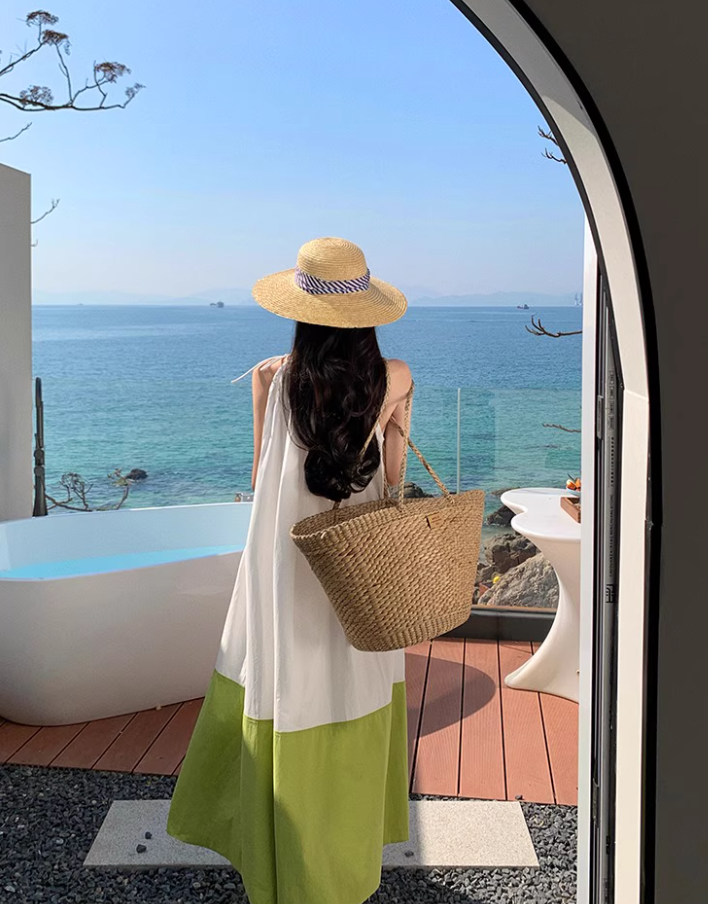 Fashionable White & Green Splicing Maxi Dress Vibrant Flowy Spaghetti Strap Loose Fitting Long Dress AP1555