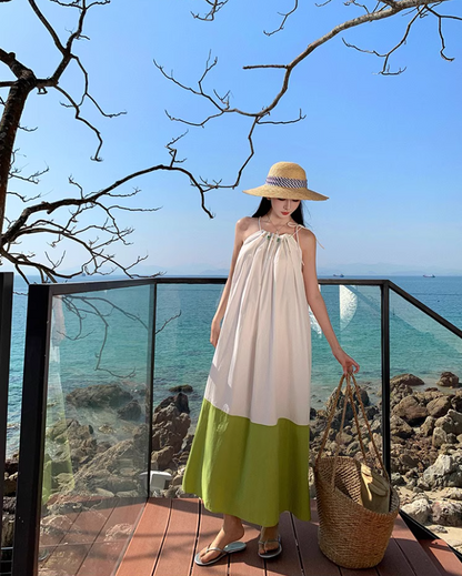 Fashionable White & Green Splicing Maxi Dress Vibrant Flowy Spaghetti Strap Loose Fitting Long Dress AP1555