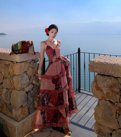 Vintage Floral Print Lace Splicing Maxi Dress Boho-Style Flowy Spaghetti Strap Tiered Ruffles Hem Long Dress AP1556