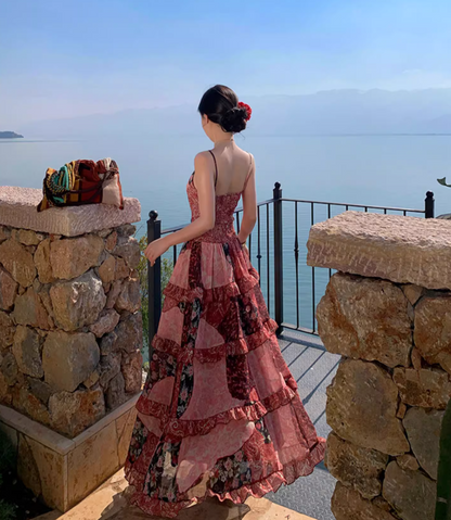 Vintage Floral Print Lace Splicing Maxi Dress Boho-Style Flowy Spaghetti Strap Tiered Ruffles Hem Long Dress AP1556