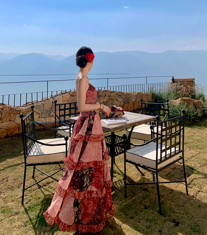 Vintage Floral Print Lace Splicing Maxi Dress Boho-Style Flowy Spaghetti Strap Tiered Ruffles Hem Long Dress AP1556