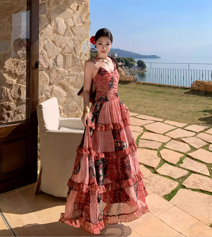 Vintage Floral Print Lace Splicing Maxi Dress Boho-Style Flowy Spaghetti Strap Tiered Ruffles Hem Long Dress AP1556