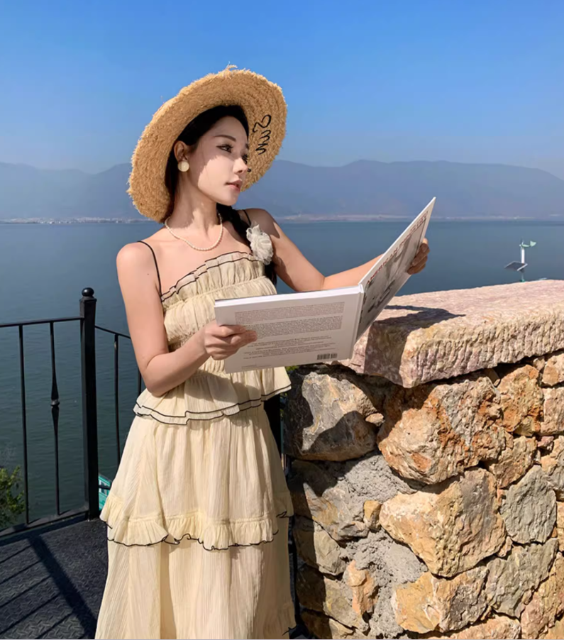 Graceful Beige Tiered Ruffle Trim Maxi Dress Romantic Two-Piece Set Flowy Spaghetti Strap Coastal Trips Long Dress AP1557