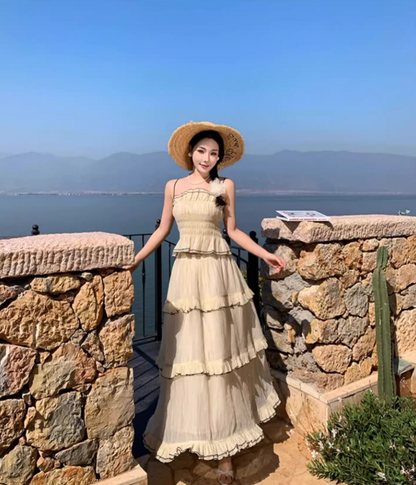 Graceful Beige Tiered Ruffle Trim Maxi Dress Romantic Two-Piece Set Flowy Spaghetti Strap Coastal Trips Long Dress AP1557