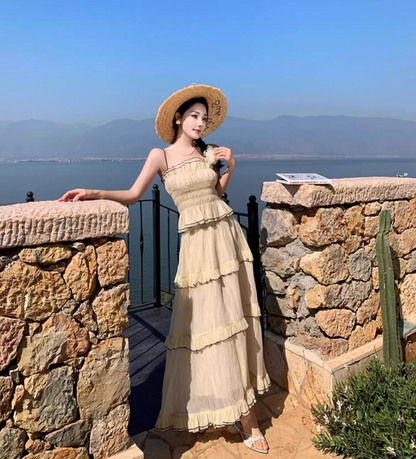 Graceful Beige Tiered Ruffle Trim Maxi Dress Romantic Two-Piece Set Flowy Spaghetti Strap Coastal Trips Long Dress AP1557