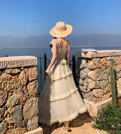 Graceful Beige Tiered Ruffle Trim Maxi Dress Romantic Two-Piece Set Flowy Spaghetti Strap Coastal Trips Long Dress AP1557