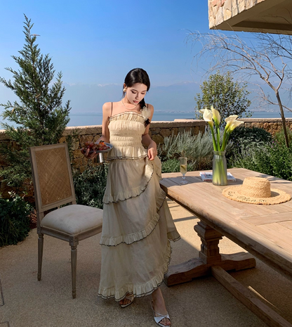Graceful Beige Tiered Ruffle Trim Maxi Dress Romantic Two-Piece Set Flowy Spaghetti Strap Coastal Trips Long Dress AP1557