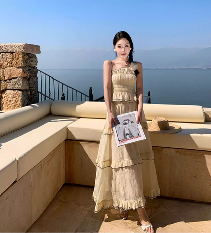Graceful Beige Tiered Ruffle Trim Maxi Dress Romantic Two-Piece Set Flowy Spaghetti Strap Coastal Trips Long Dress AP1557