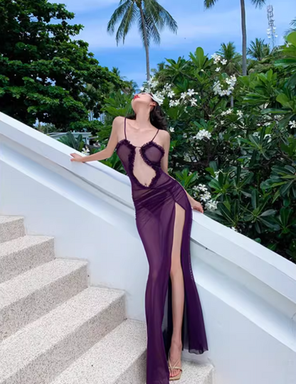 Sexy Sheer Tulle Purple Cutout Maxi Dress Alluring High-Slit Flowy Spaghetti Strap Coastal Trips Long Dress AP1558