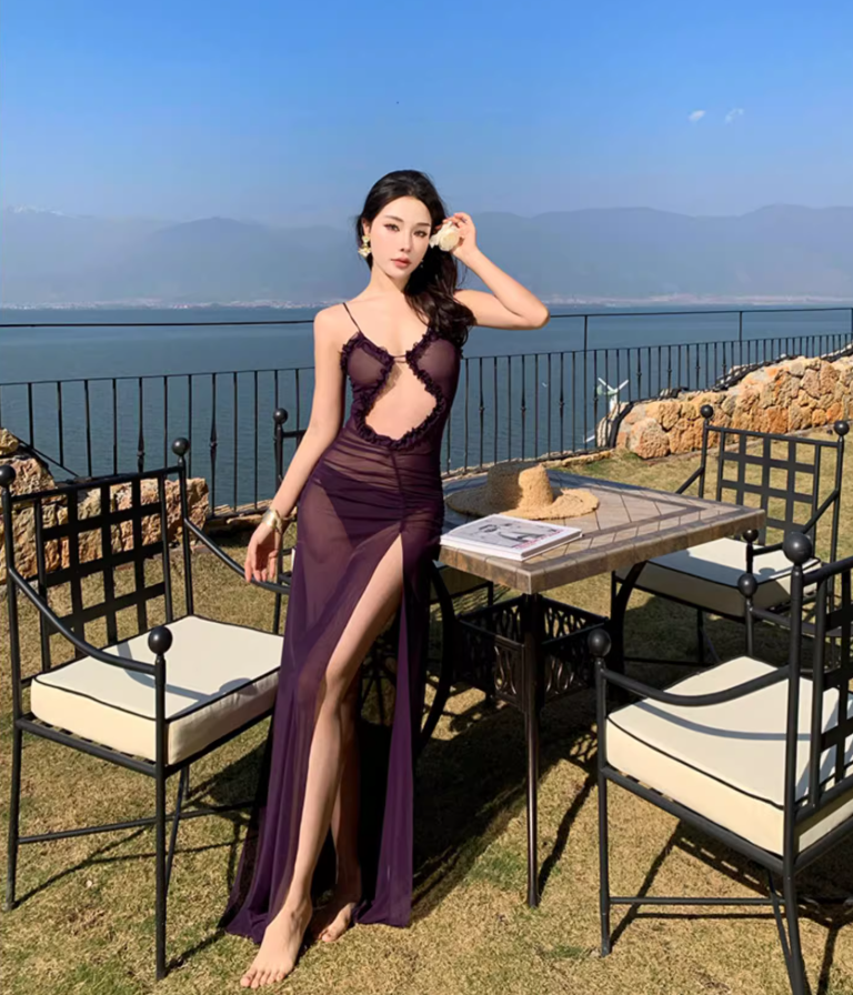 Sexy Sheer Tulle Purple Cutout Maxi Dress Alluring High-Slit Flowy Spaghetti Strap Coastal Trips Long Dress AP1558