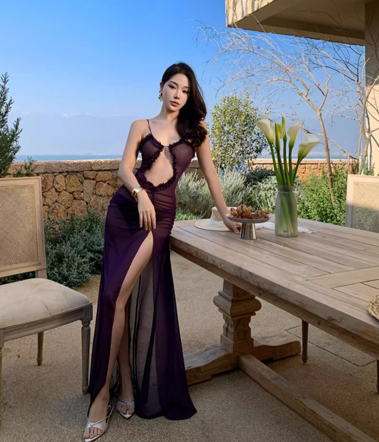 Sexy Sheer Tulle Purple Cutout Maxi Dress Alluring High-Slit Flowy Spaghetti Strap Coastal Trips Long Dress AP1558