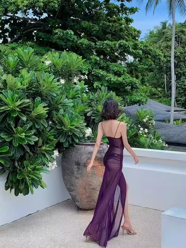 Sexy Sheer Tulle Purple Cutout Maxi Dress Alluring High-Slit Flowy Spaghetti Strap Coastal Trips Long Dress AP1558