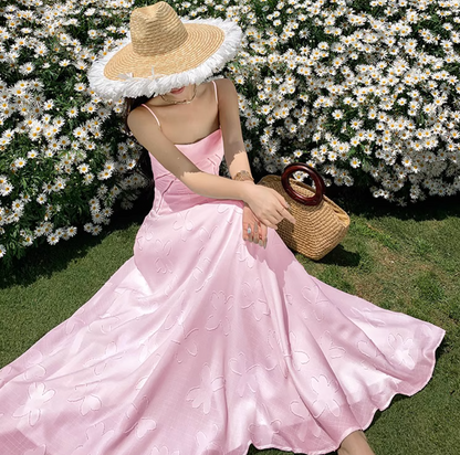 Romantic Pink Embroidered Maxi Dress Chic Spaghetti Strap Flowy Outdoor Trips Floral Pattern Long Dress AP1559