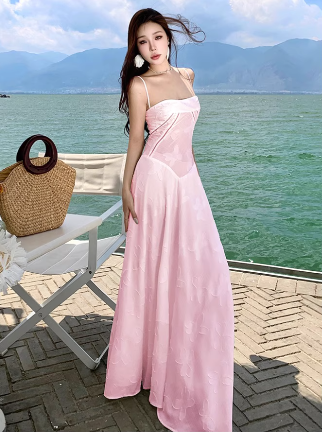 Romantic Pink Embroidered Maxi Dress Chic Spaghetti Strap Flowy Outdoor Trips Floral Pattern Long Dress AP1559