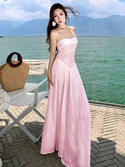 Romantic Pink Embroidered Maxi Dress Chic Spaghetti Strap Flowy Outdoor Trips Floral Pattern Long Dress AP1559