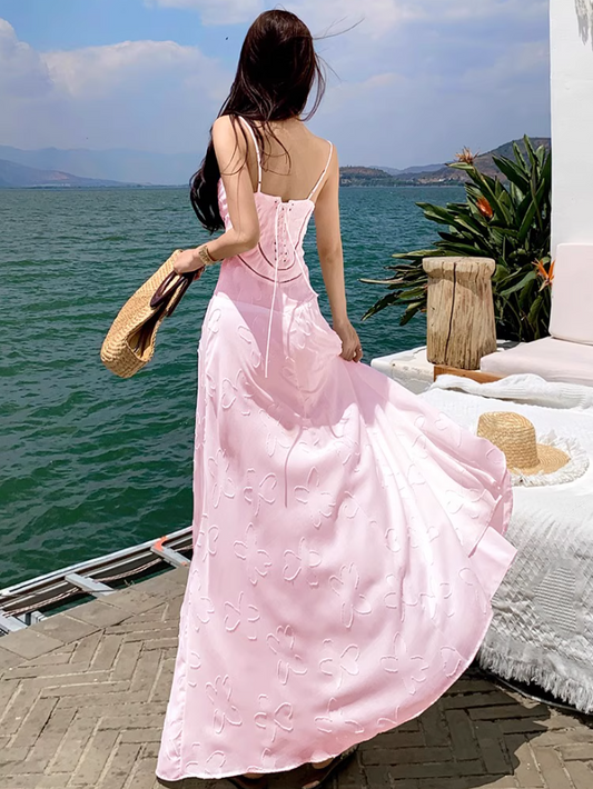 Romantic Pink Embroidered Maxi Dress Chic Spaghetti Strap Flowy Outdoor Trips Floral Pattern Long Dress AP1559