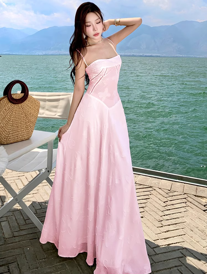 Romantic Pink Embroidered Maxi Dress Chic Spaghetti Strap Flowy Outdoor Trips Floral Pattern Long Dress AP1559