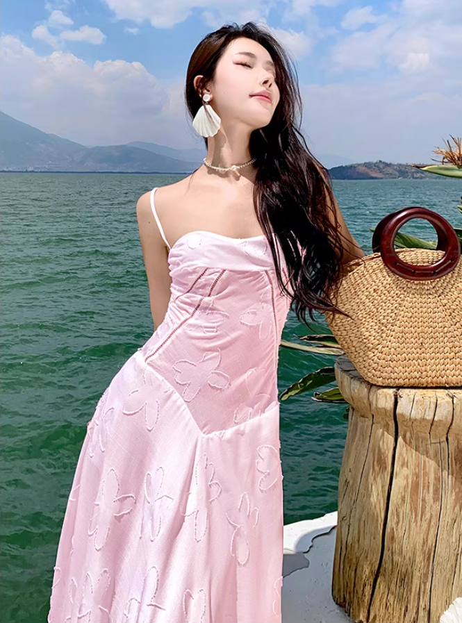 Romantic Pink Embroidered Maxi Dress Chic Spaghetti Strap Flowy Outdoor Trips Floral Pattern Long Dress AP1559
