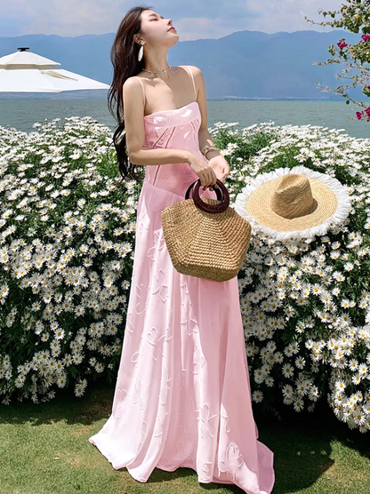 Romantic Pink Embroidered Maxi Dress Chic Spaghetti Strap Flowy Outdoor Trips Floral Pattern Long Dress AP1559