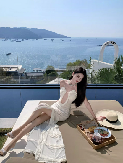 Charming Sheer Tulle White Cutout Maxi Dress Chic High-Slit Gathered Spaghetti Strap Outdoor Trips Long Dress AP1560