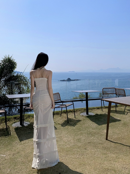 Charming Sheer Tulle White Cutout Maxi Dress Chic High-Slit Gathered Spaghetti Strap Outdoor Trips Long Dress AP1560