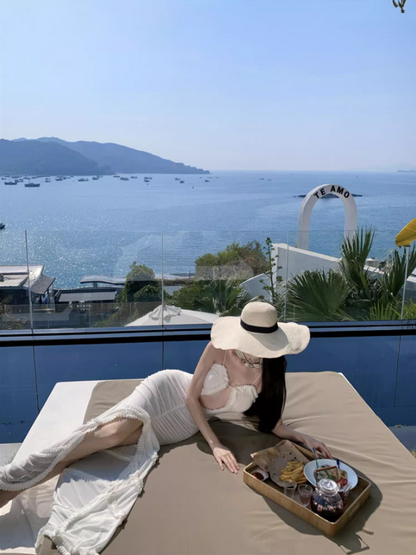 Charming Sheer Tulle White Cutout Maxi Dress Chic High-Slit Gathered Spaghetti Strap Outdoor Trips Long Dress AP1560