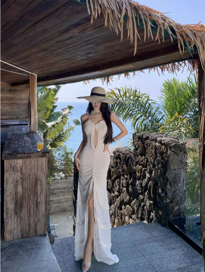 Charming Sheer Tulle White Cutout Maxi Dress Chic High-Slit Gathered Spaghetti Strap Outdoor Trips Long Dress AP1560