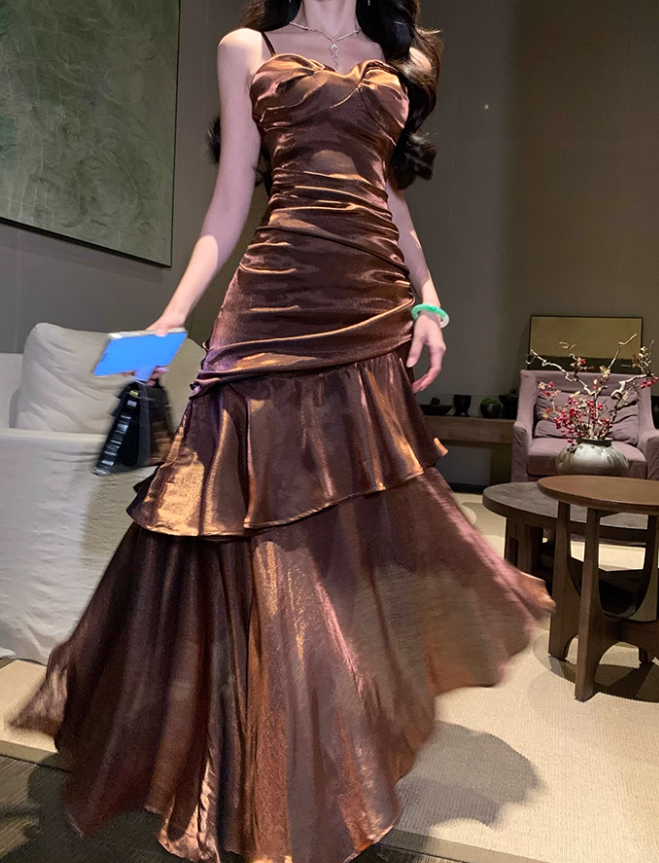 Charming Ruffles Trimmed Ruched Mermaid Maxi Dress Retro Cascade Tulle Spaghetti Strap Lustrous Fiber Long Dress AP1561