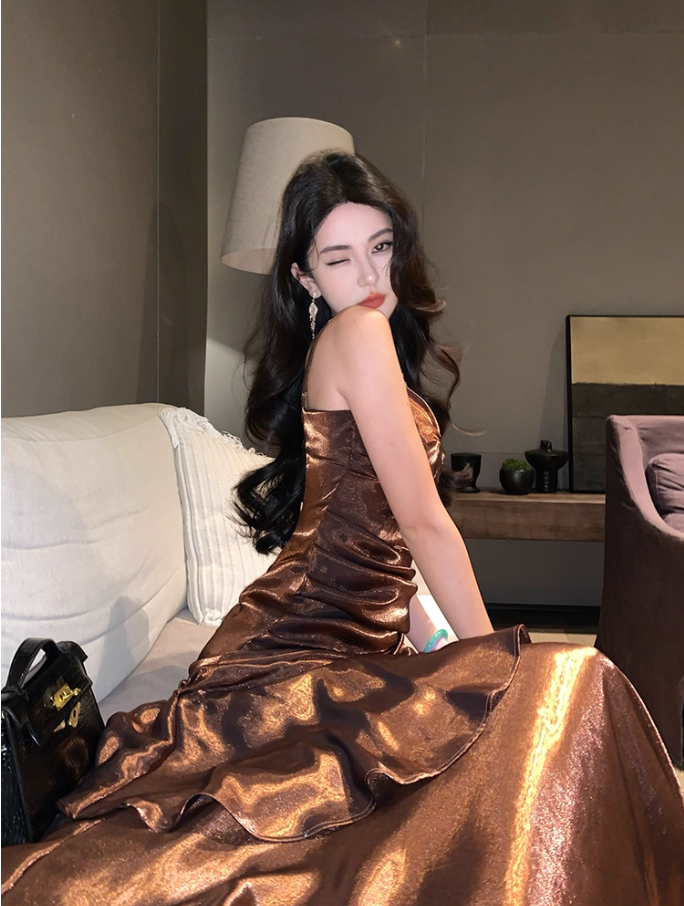 Charming Ruffles Trimmed Ruched Mermaid Maxi Dress Retro Cascade Tulle Spaghetti Strap Lustrous Fiber Long Dress AP1561