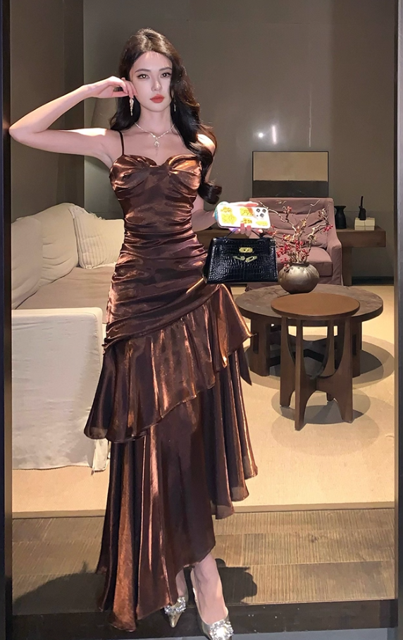 Charming Ruffles Trimmed Ruched Mermaid Maxi Dress Retro Cascade Tulle Spaghetti Strap Lustrous Fiber Long Dress AP1561