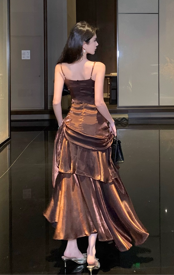 Charming Ruffles Trimmed Ruched Mermaid Maxi Dress Retro Cascade Tulle Spaghetti Strap Lustrous Fiber Long Dress AP1561