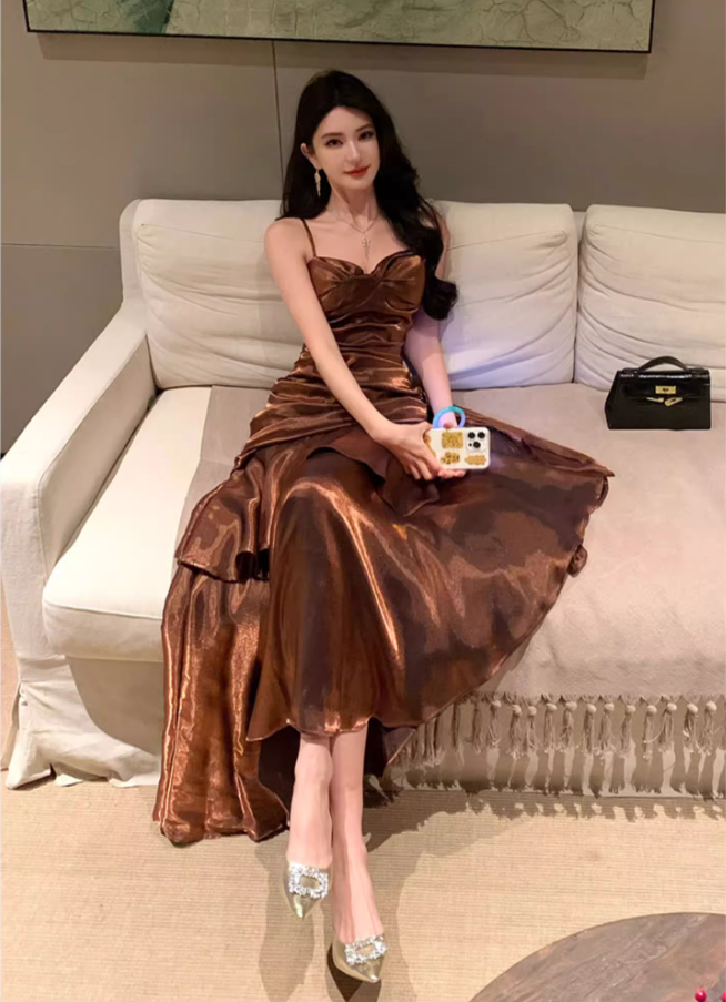 Charming Ruffles Trimmed Ruched Mermaid Maxi Dress Retro Cascade Tulle Spaghetti Strap Lustrous Fiber Long Dress AP1561