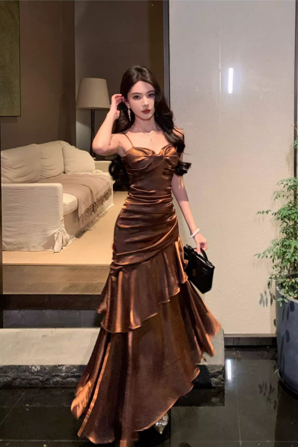 Charming Ruffles Trimmed Ruched Mermaid Maxi Dress Retro Cascade Tulle Spaghetti Strap Lustrous Fiber Long Dress AP1561