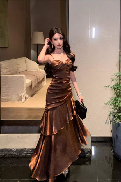 Charming Ruffles Trimmed Ruched Mermaid Maxi Dress Retro Cascade Tulle Spaghetti Strap Lustrous Fiber Long Dress AP1561