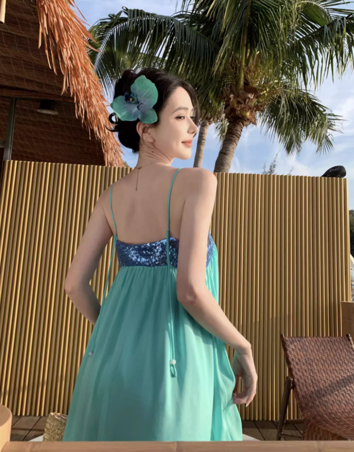 Simple Style Sparkling Sequins Trimmed Maxi Dress Chic Flowy Ruffles Hem Spaghetti Strap Double Layers Long Dress AP1562