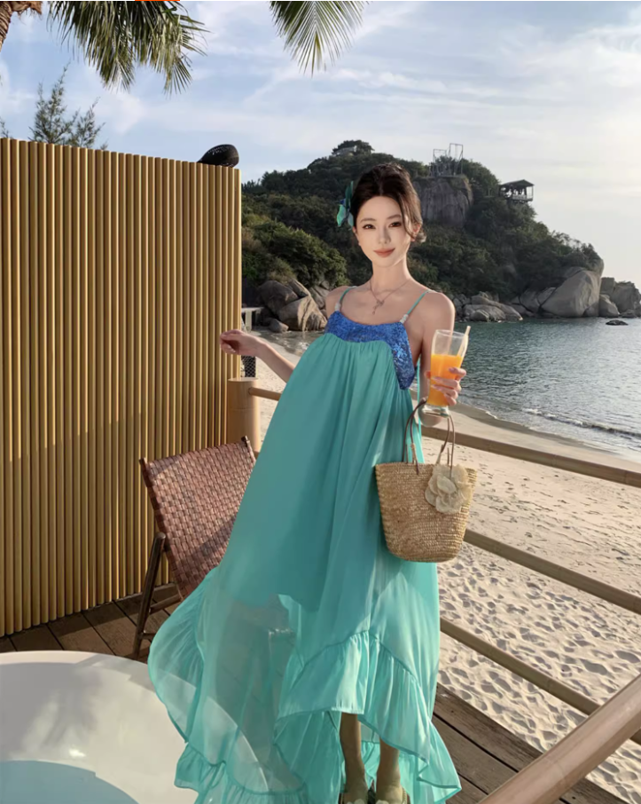 Simple Style Sparkling Sequins Trimmed Maxi Dress Chic Flowy Ruffles Hem Spaghetti Strap Double Layers Long Dress AP1562