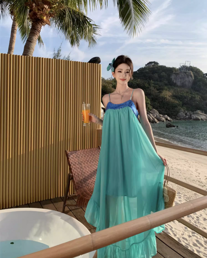 Simple Style Sparkling Sequins Trimmed Maxi Dress Chic Flowy Ruffles Hem Spaghetti Strap Double Layers Long Dress AP1562