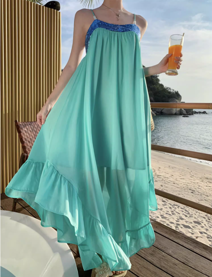 Simple Style Sparkling Sequins Trimmed Maxi Dress Chic Flowy Ruffles Hem Spaghetti Strap Double Layers Long Dress AP1562