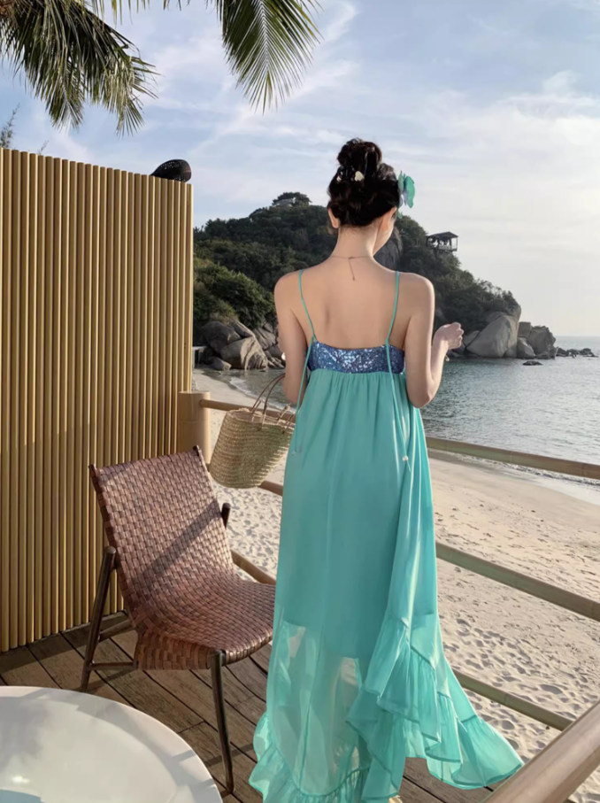 Simple Style Sparkling Sequins Trimmed Maxi Dress Chic Flowy Ruffles Hem Spaghetti Strap Double Layers Long Dress AP1562