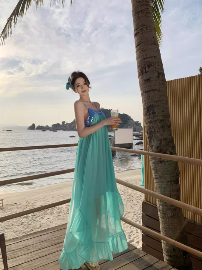 Simple Style Sparkling Sequins Trimmed Maxi Dress Chic Flowy Ruffles Hem Spaghetti Strap Double Layers Long Dress AP1562